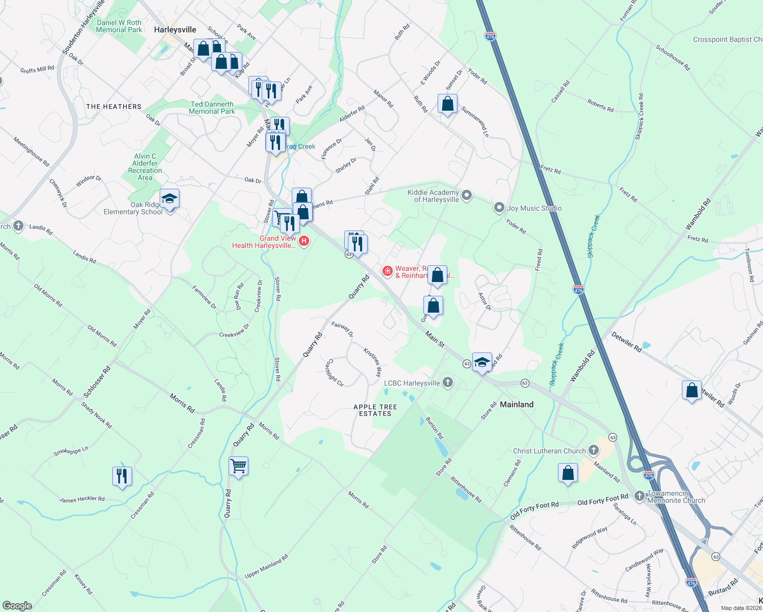 map of restaurants, bars, coffee shops, grocery stores, and more near 176 Main St in Harleysville