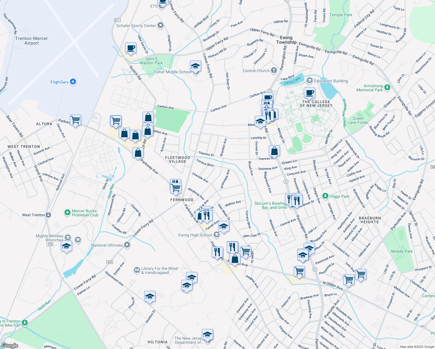 map of restaurants, bars, coffee shops, grocery stores, and more near 115 Stratford Avenue in Ewing Township