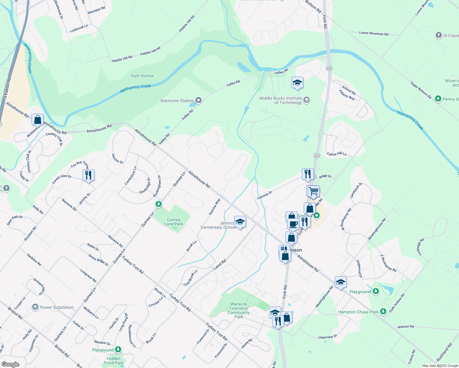 map of restaurants, bars, coffee shops, grocery stores, and more near 2211 Sunrise Way in Jamison