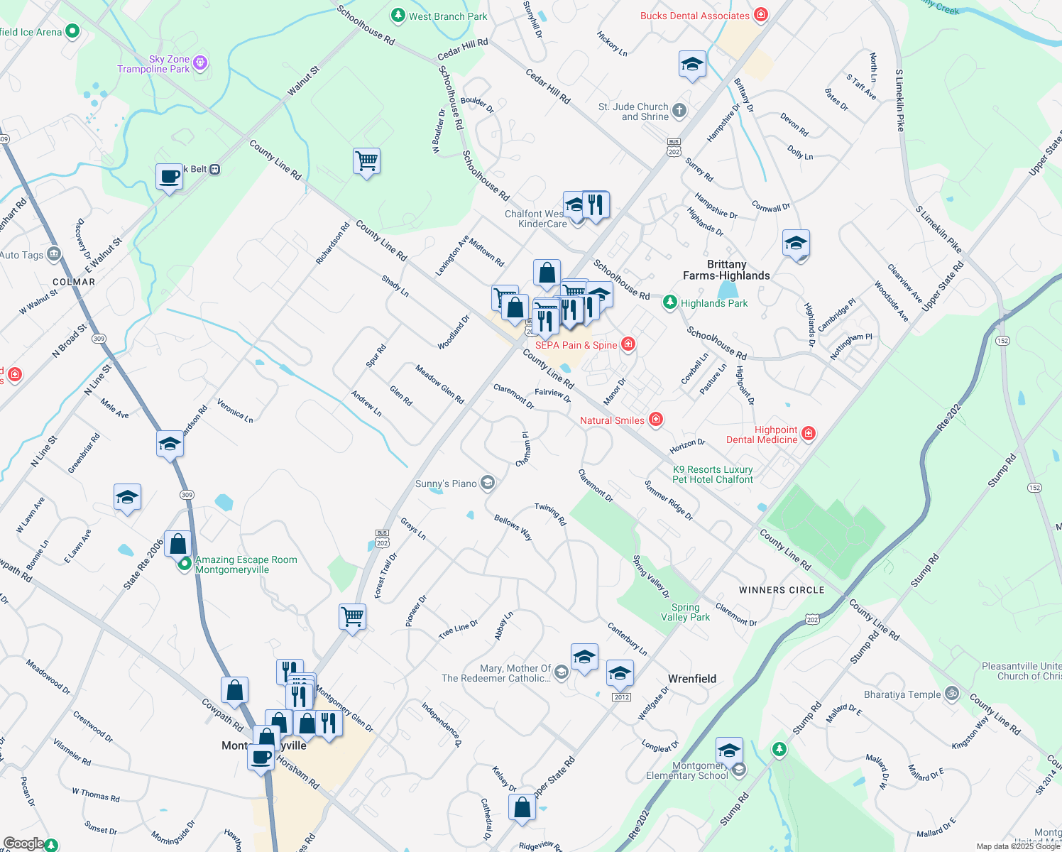map of restaurants, bars, coffee shops, grocery stores, and more near 125 Chatham Place in Lansdale