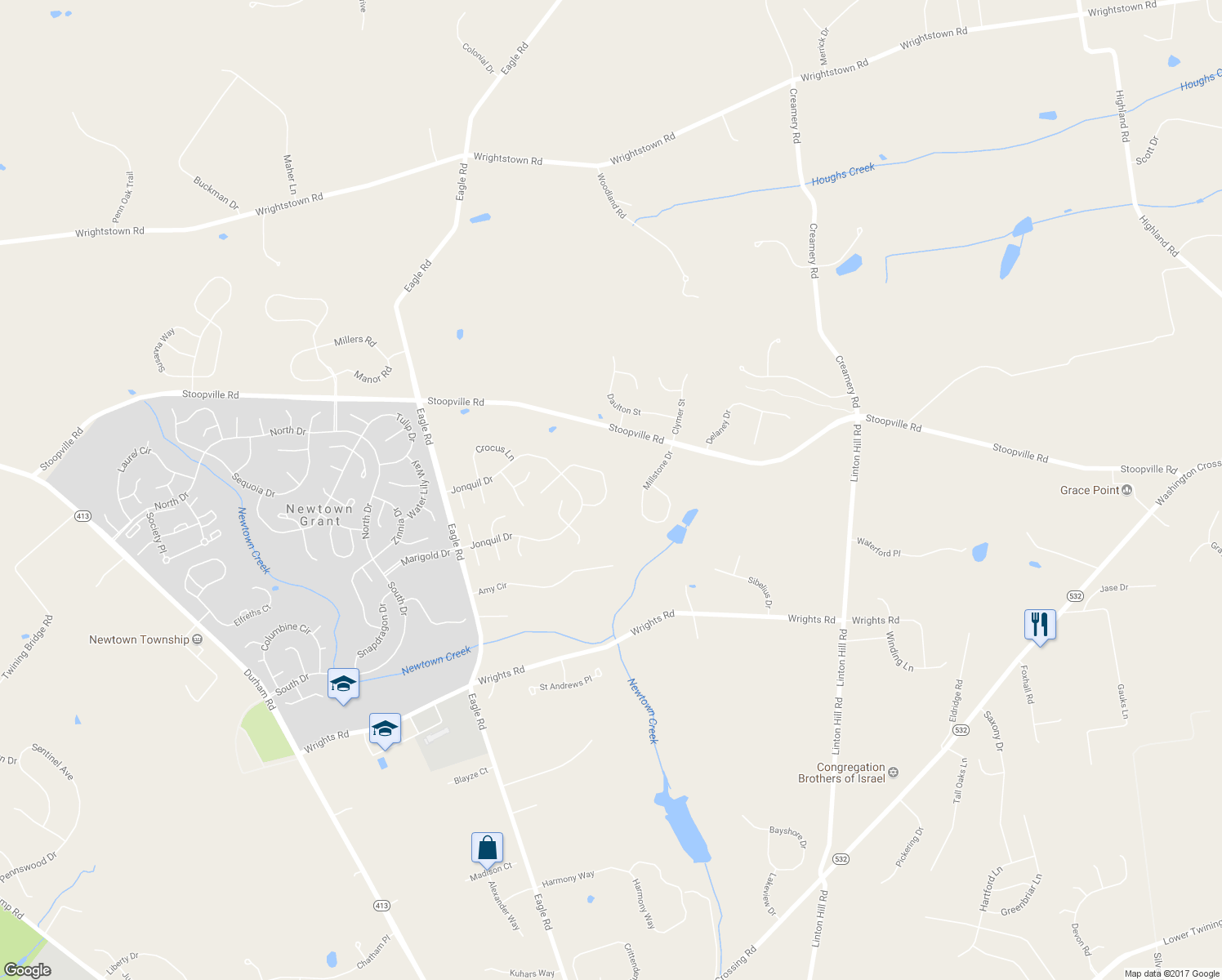 map of restaurants, bars, coffee shops, grocery stores, and more near 16 Amaryllis Lane in Newtown