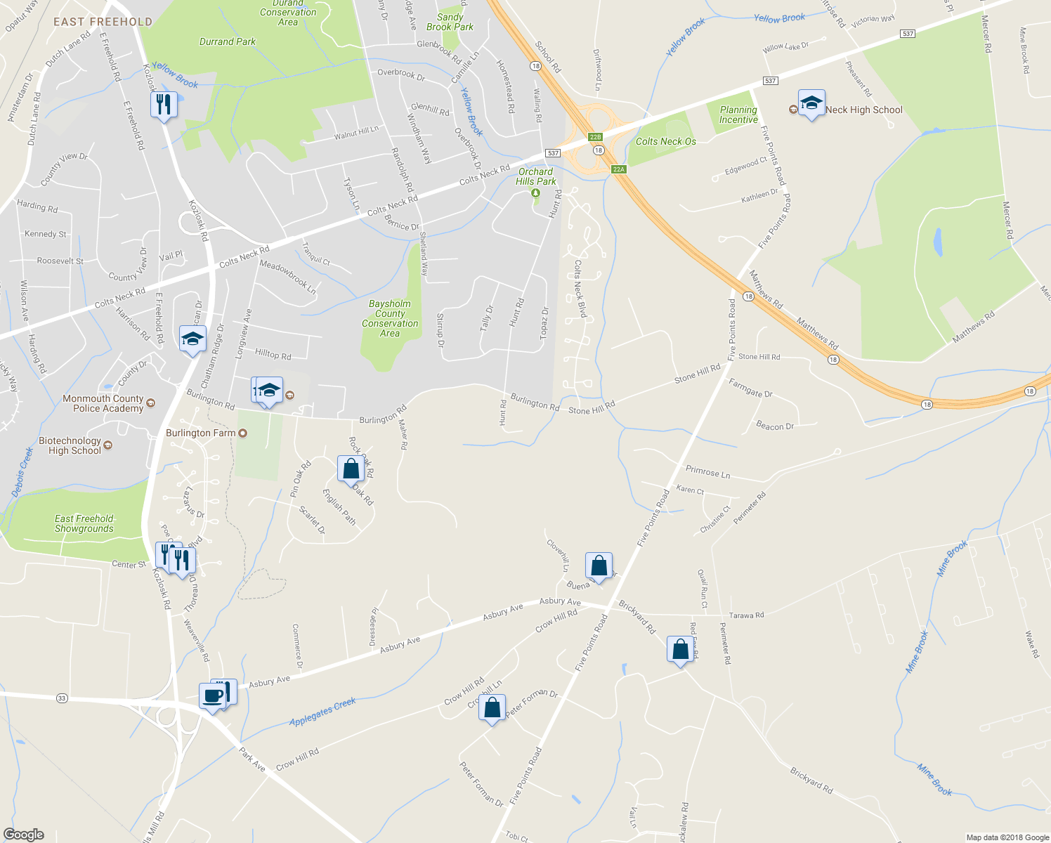 map of restaurants, bars, coffee shops, grocery stores, and more near 22 Hunt Road in Freehold