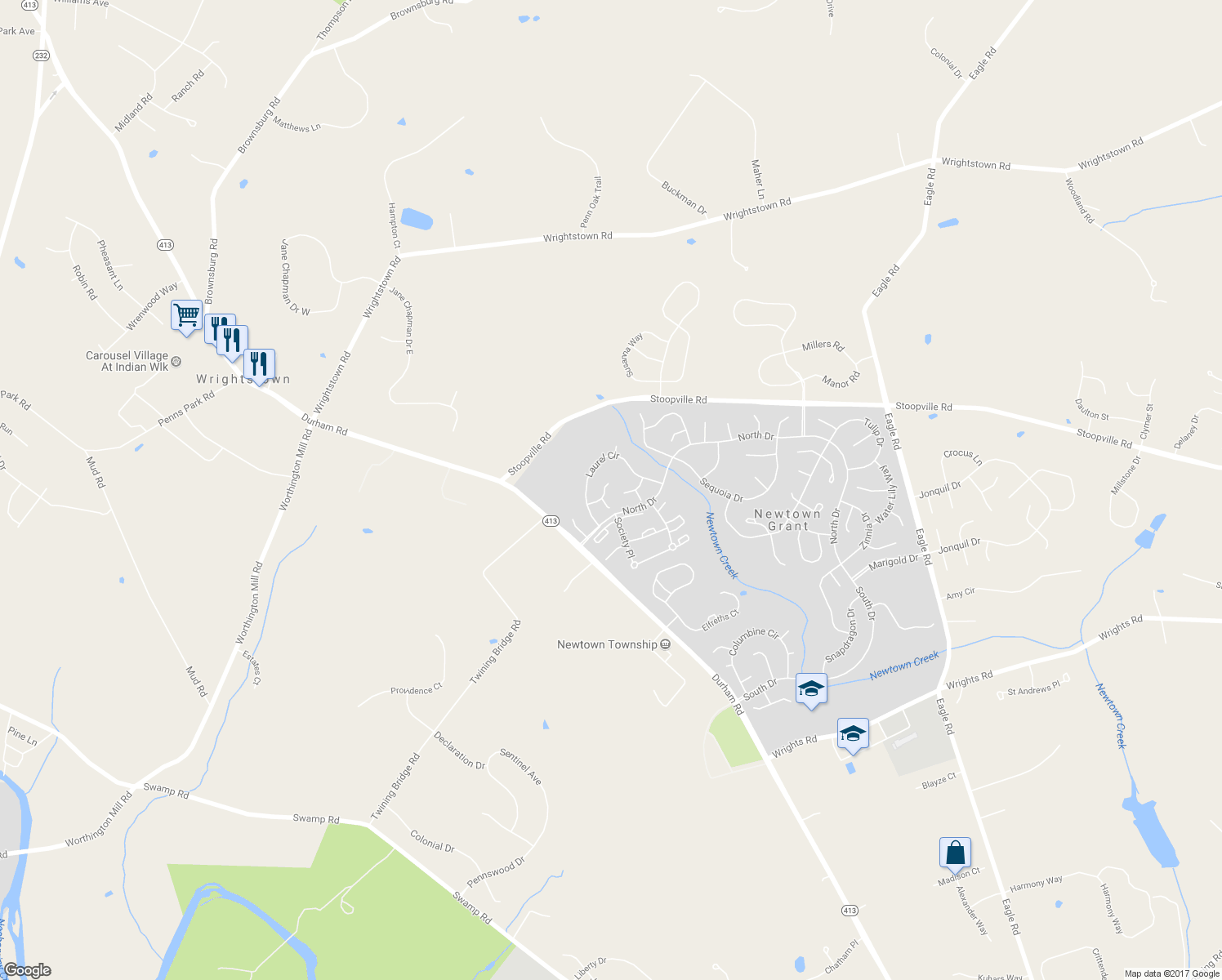 map of restaurants, bars, coffee shops, grocery stores, and more near 34 Cottonwood Street in Newtown