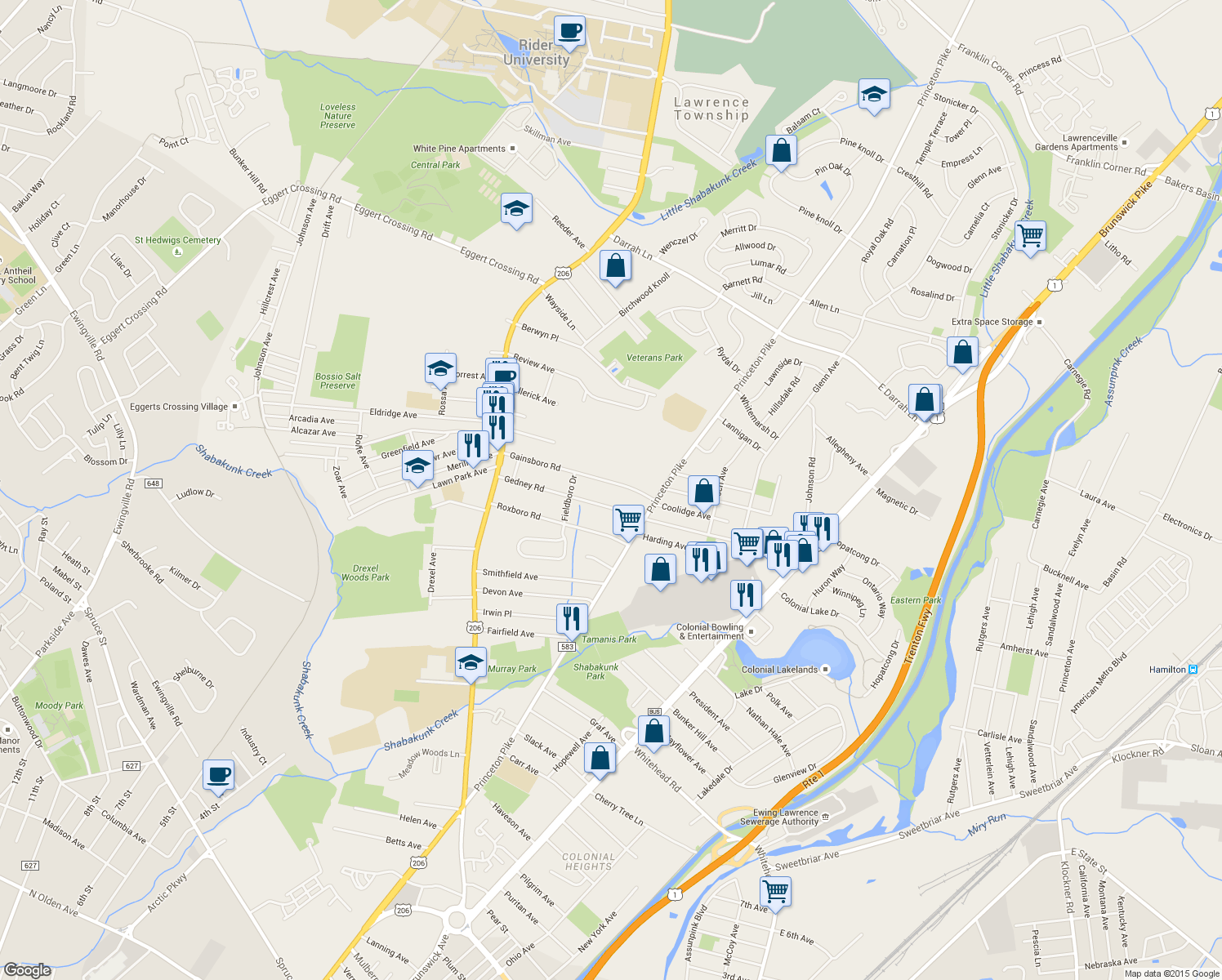 map of restaurants, bars, coffee shops, grocery stores, and more near 25 Gainsboro Road in Lawrence Township