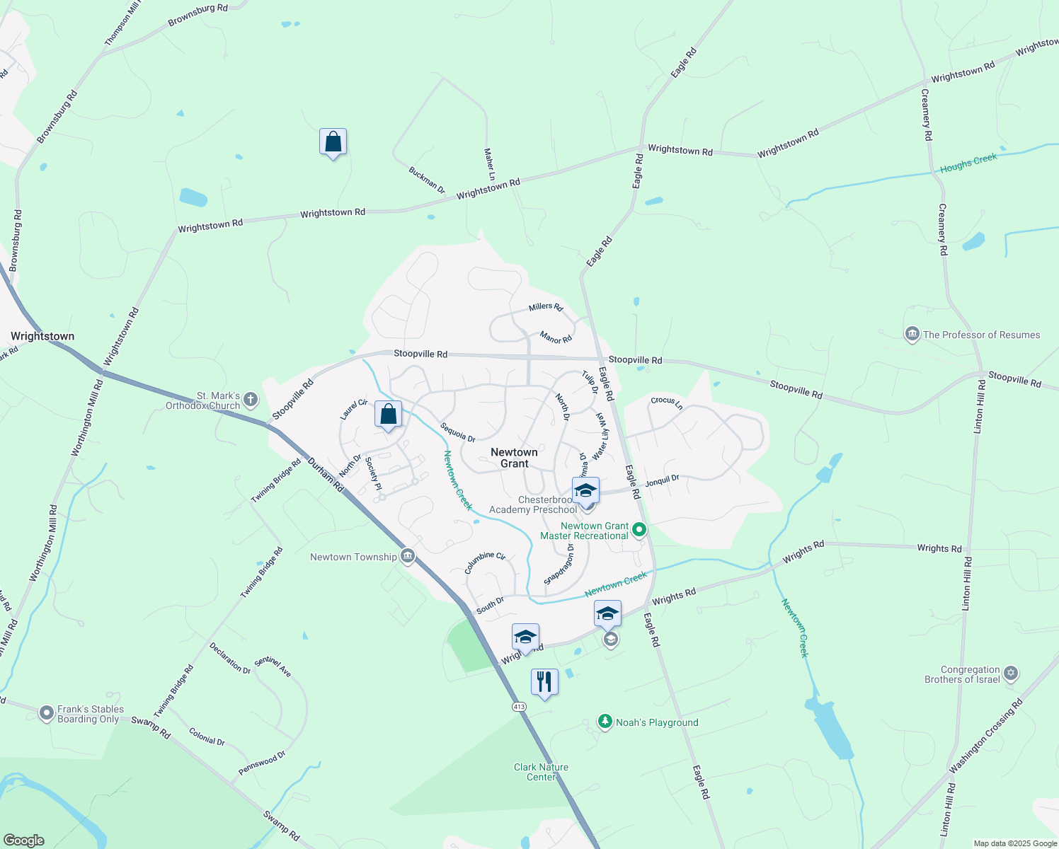 map of restaurants, bars, coffee shops, grocery stores, and more near 201 Mulberry Place in Newtown