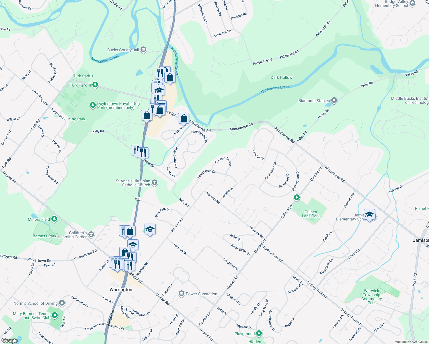 map of restaurants, bars, coffee shops, grocery stores, and more near 2242 Forest Glen Drive in Warrington