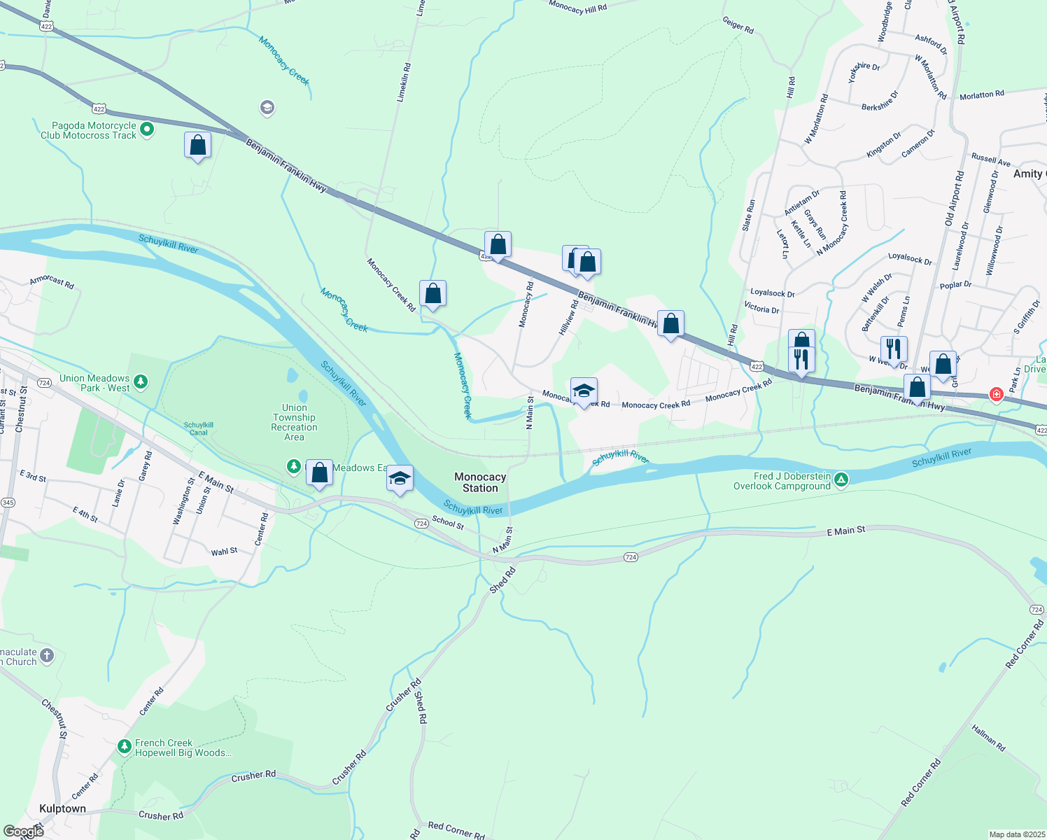 map of restaurants, bars, coffee shops, grocery stores, and more near 216 North Main Street in Douglassville