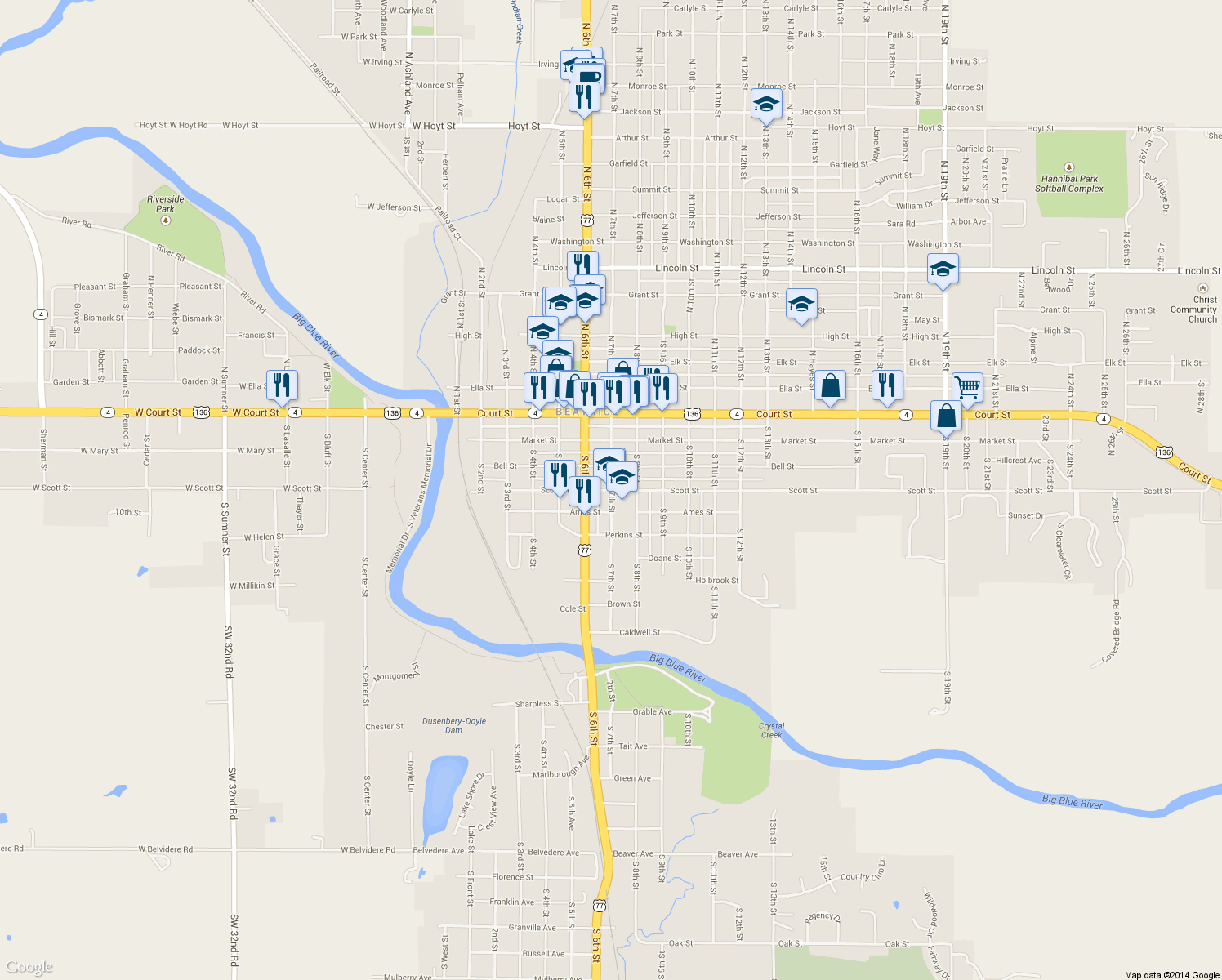map of restaurants, bars, coffee shops, grocery stores, and more near 323 South 7th Street in Beatrice