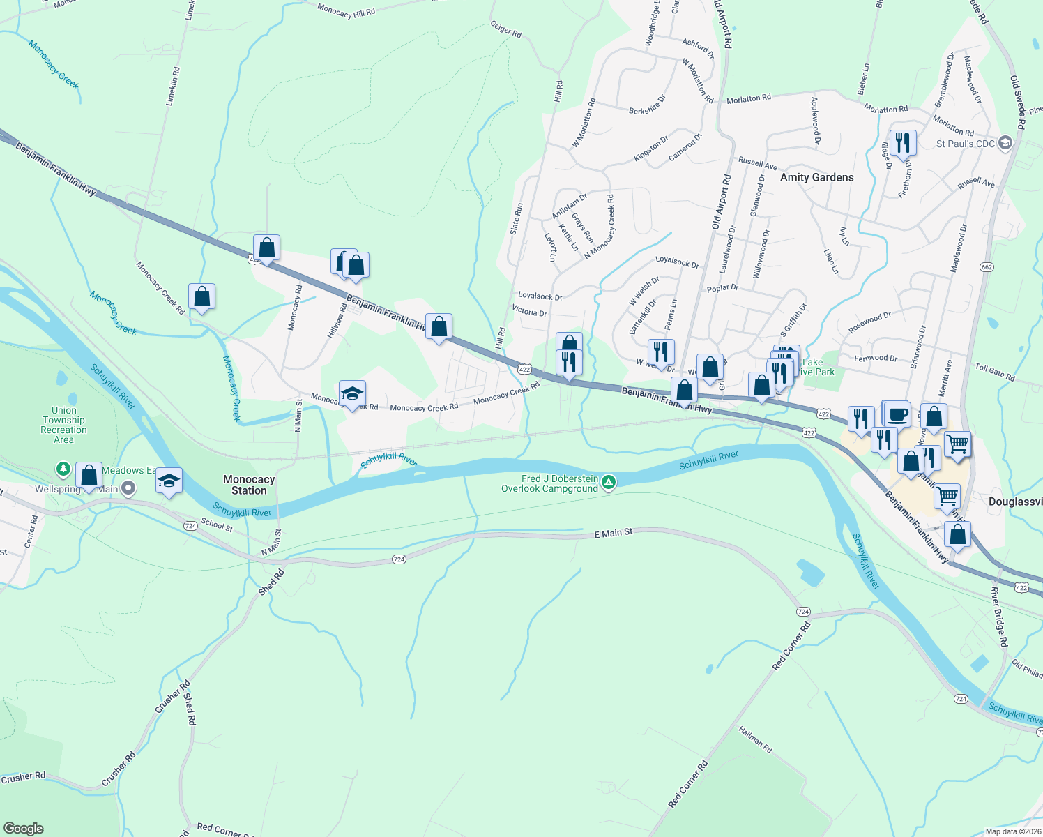 map of restaurants, bars, coffee shops, grocery stores, and more near 7 Thalia Lane in Birdsboro
