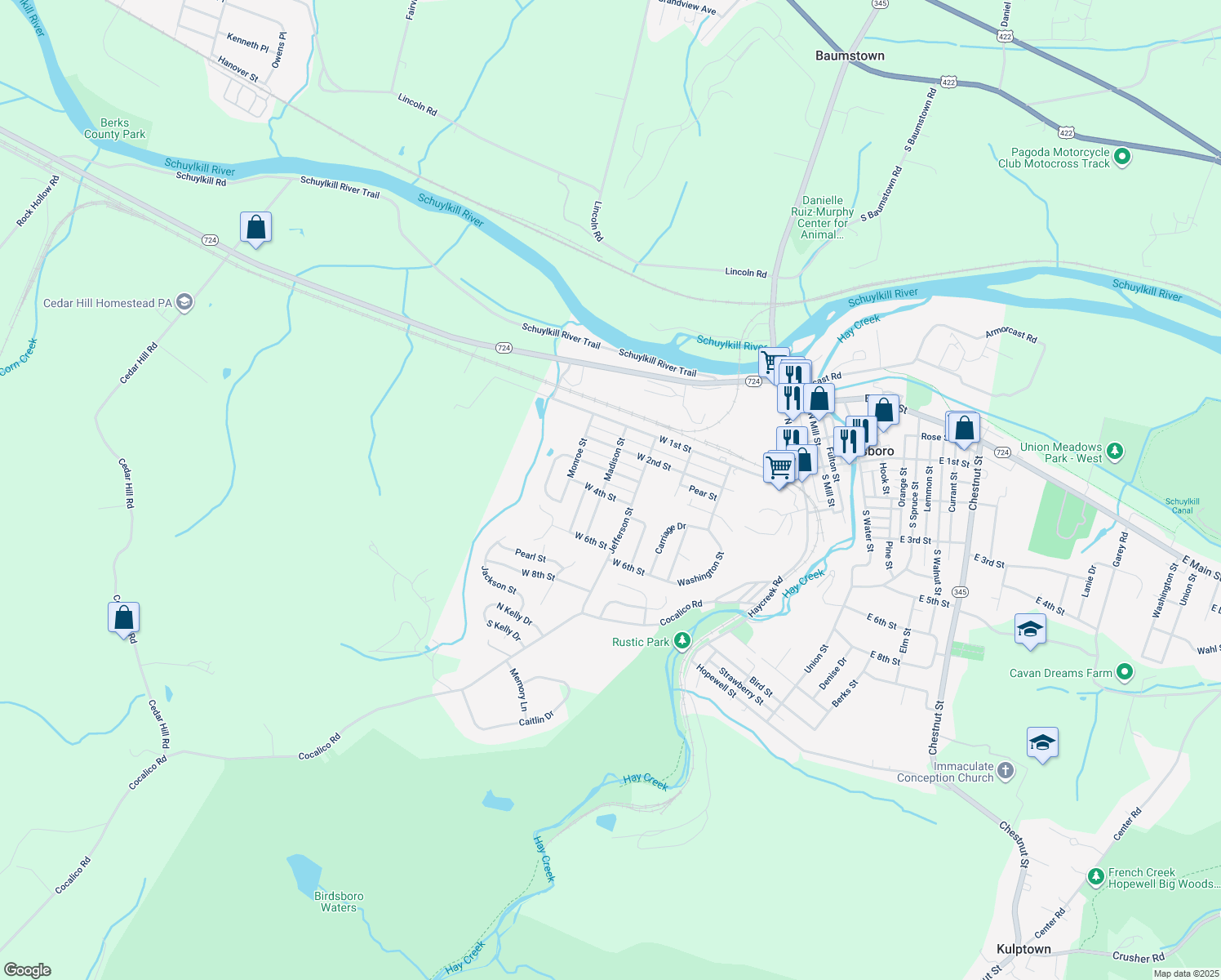 map of restaurants, bars, coffee shops, grocery stores, and more near 515 W 4th St in Birdsboro