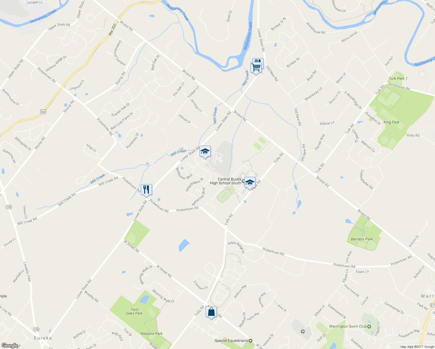 map of restaurants, bars, coffee shops, grocery stores, and more near 414 Primrose Place in Warrington