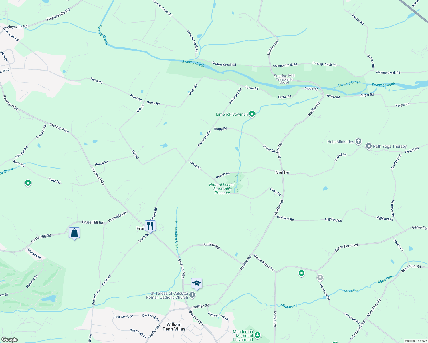 map of restaurants, bars, coffee shops, grocery stores, and more near 151 Laver Road in Schwenksville