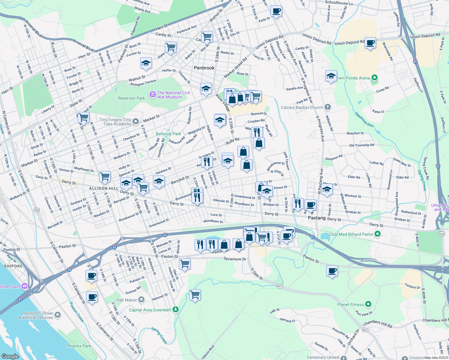 map of restaurants, bars, coffee shops, grocery stores, and more near 2450 Brookwood Street in Harrisburg