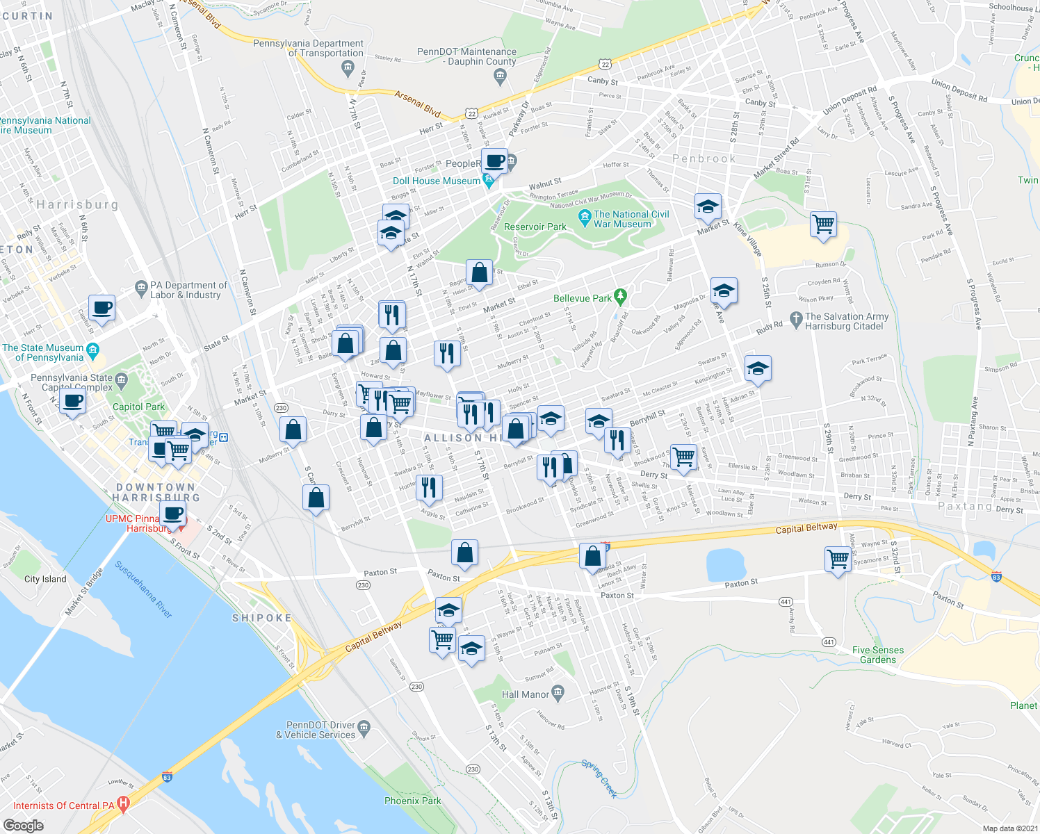 map of restaurants, bars, coffee shops, grocery stores, and more near 1839 Rudy Road in Harrisburg