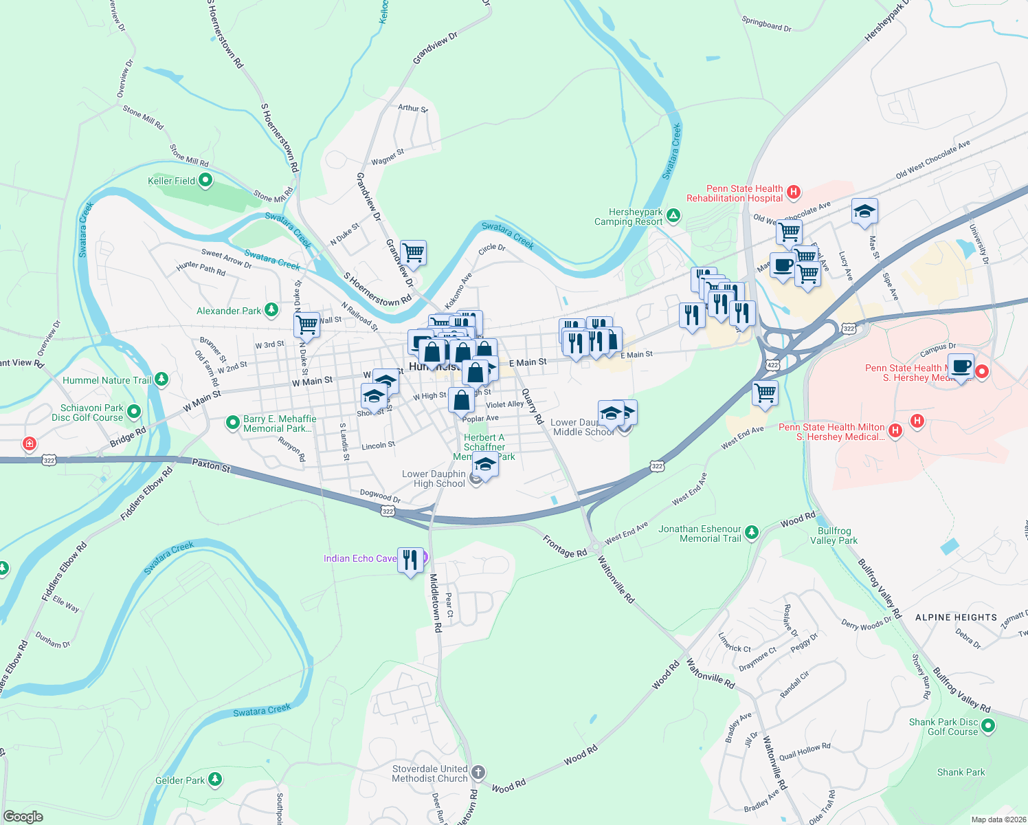 map of restaurants, bars, coffee shops, grocery stores, and more near 132 Poplar Ave in Hummelstown