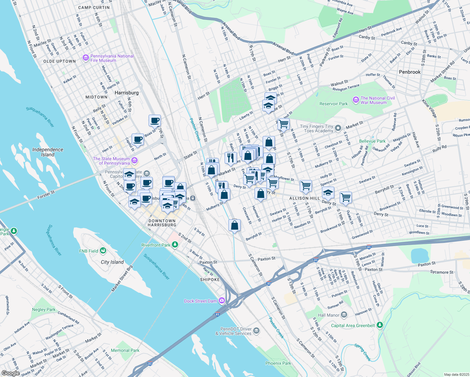 map of restaurants, bars, coffee shops, grocery stores, and more near 1145 Derry Street in Harrisburg