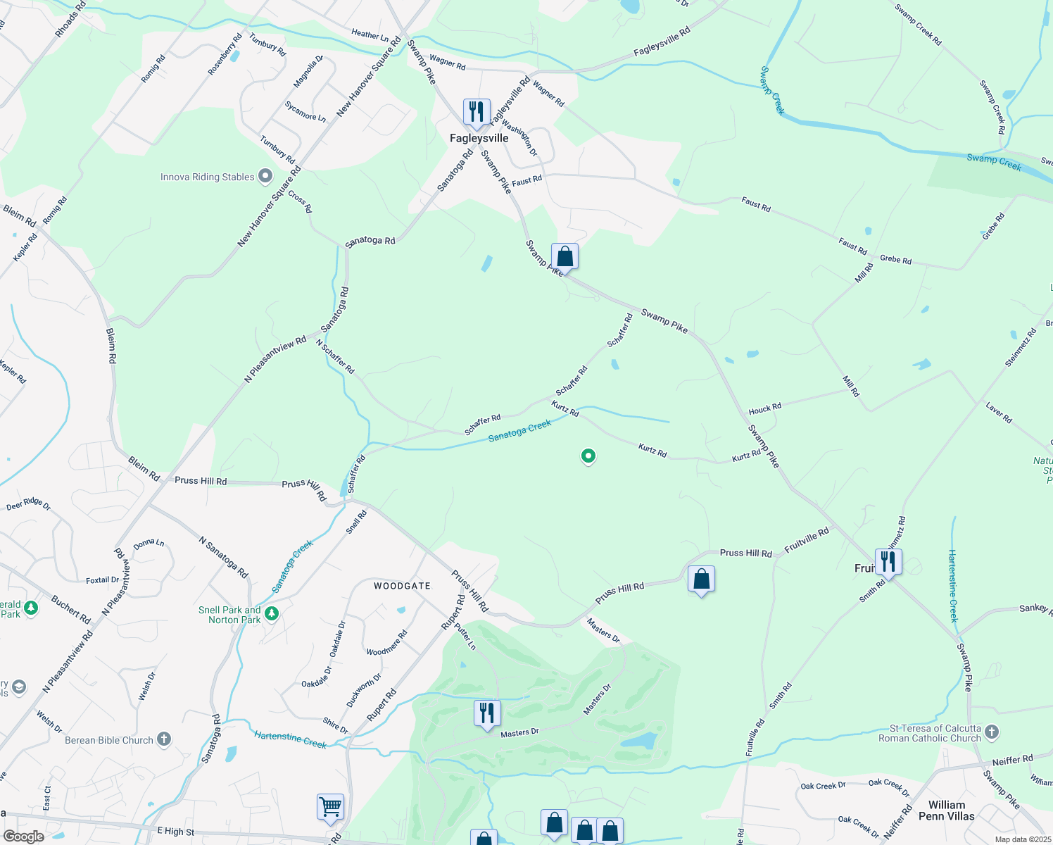 map of restaurants, bars, coffee shops, grocery stores, and more near 2382 Schaffer Road in Pottstown