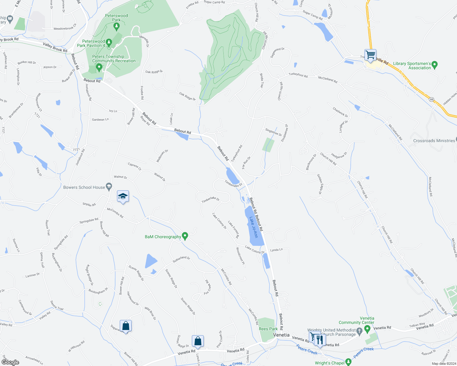 map of restaurants, bars, coffee shops, grocery stores, and more near 306 Timberlake Drive in Venetia