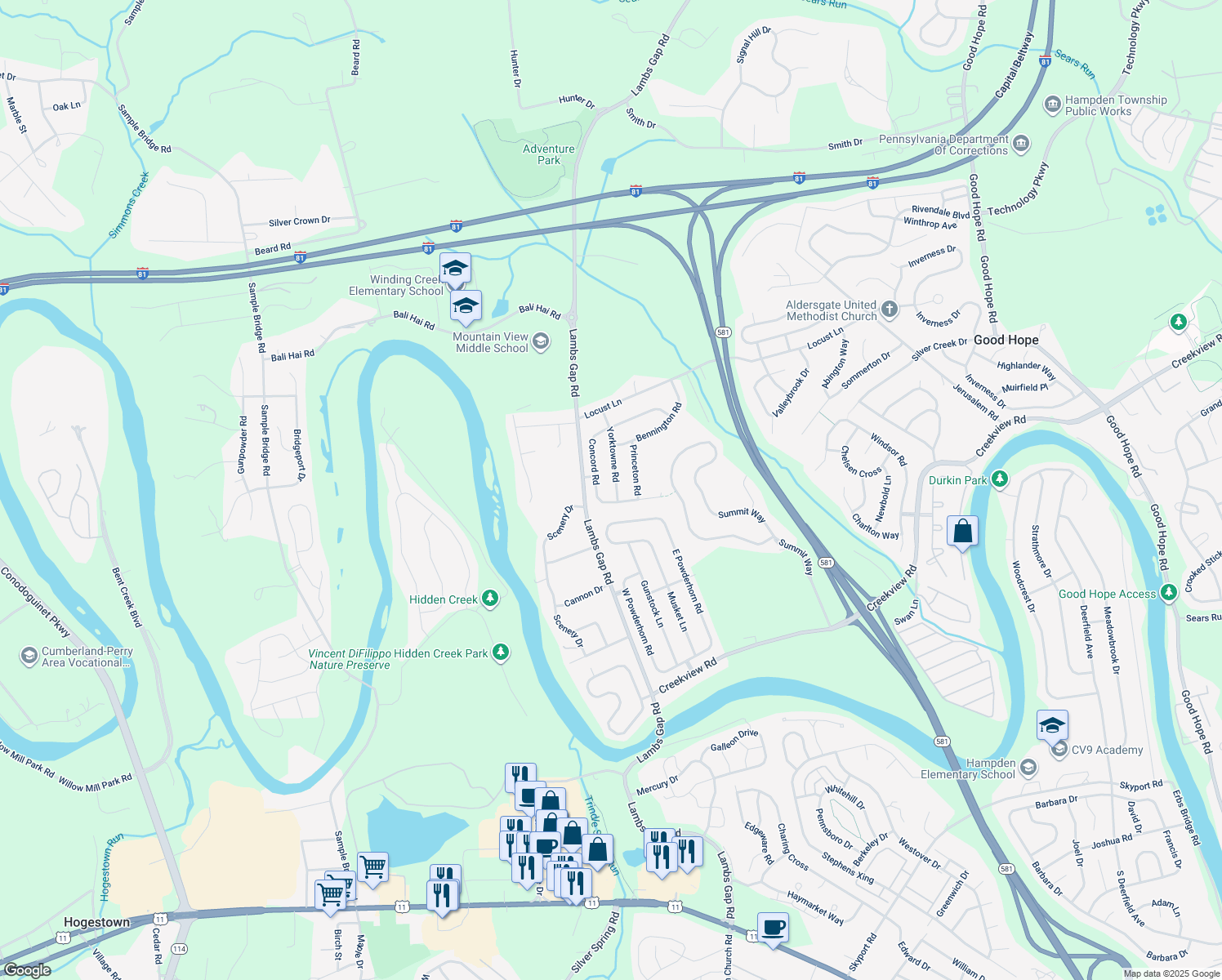 map of restaurants, bars, coffee shops, grocery stores, and more near 1363 Yorktowne Rd in Mechanicsburg