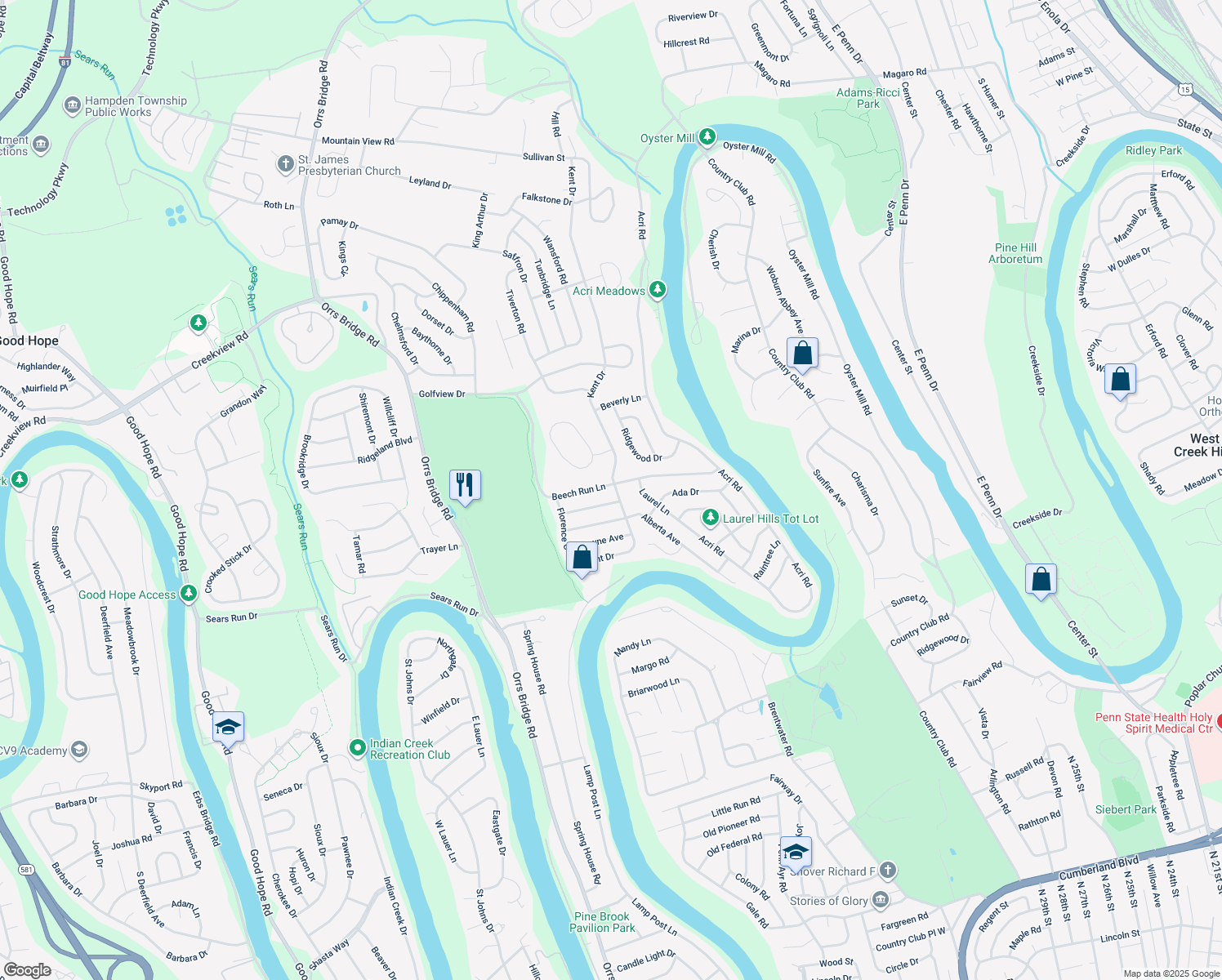 map of restaurants, bars, coffee shops, grocery stores, and more near 3601 Beech Run Lane in Mechanicsburg