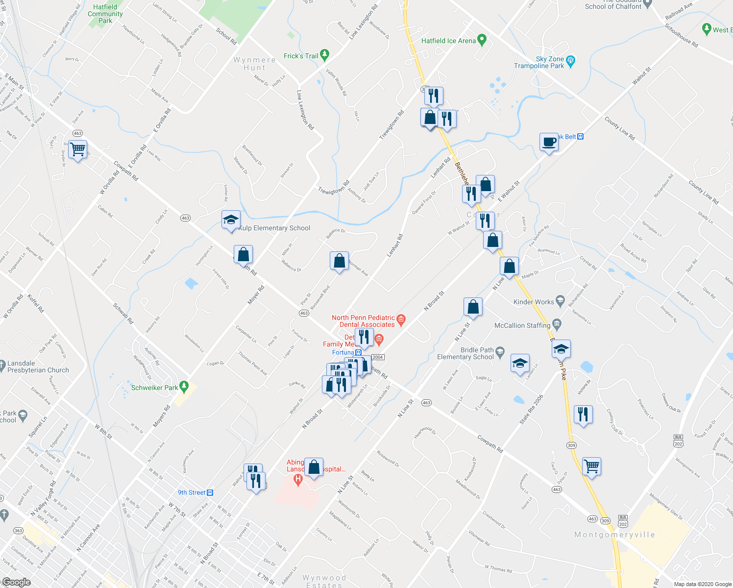 map of restaurants, bars, coffee shops, grocery stores, and more near 2169 Lenhart Road in Hatfield