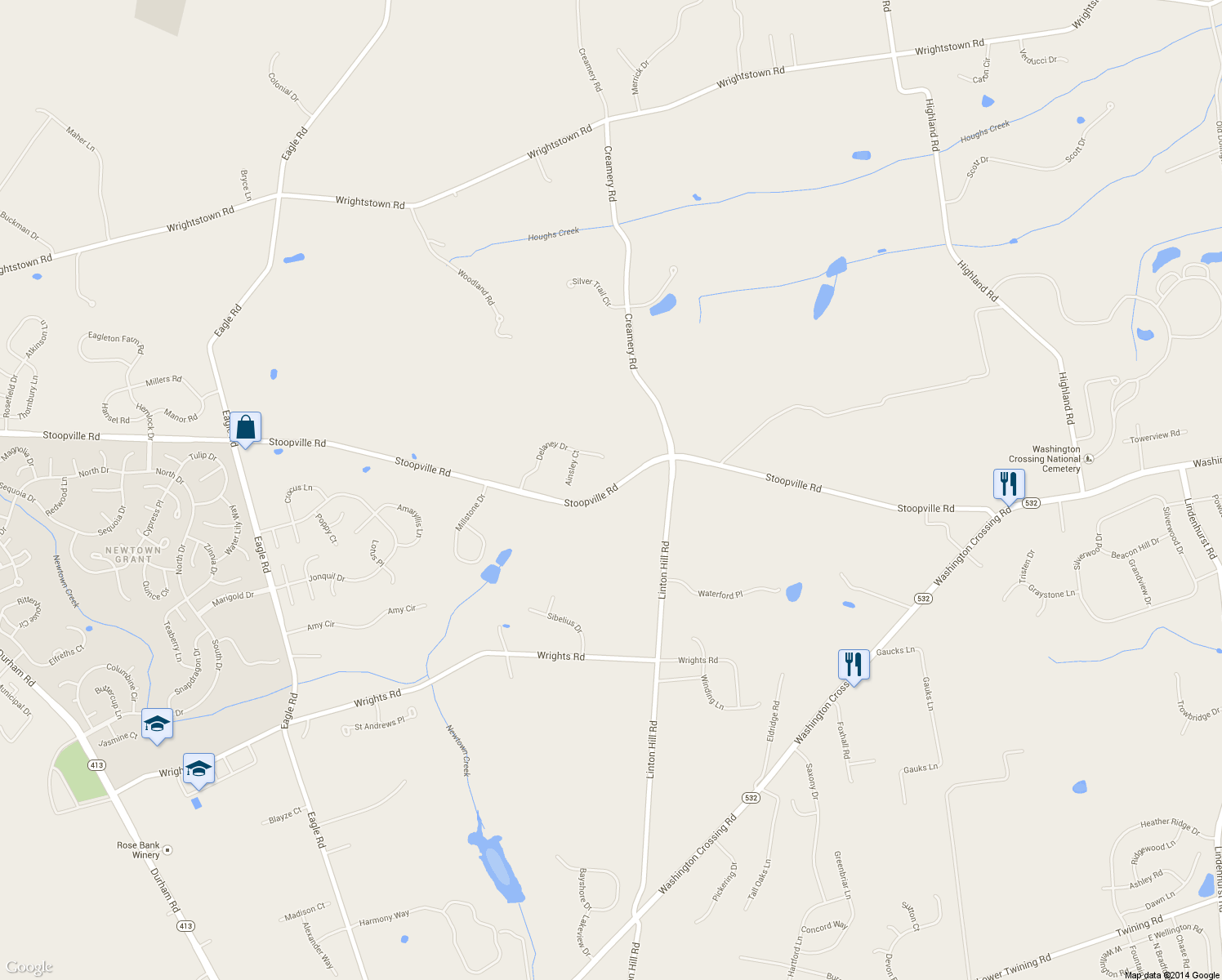 map of restaurants, bars, coffee shops, grocery stores, and more near 361 Stoopville Road in Newtown