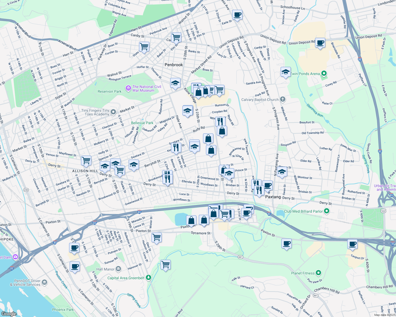 map of restaurants, bars, coffee shops, grocery stores, and more near 2507 Barkley Lane in Harrisburg