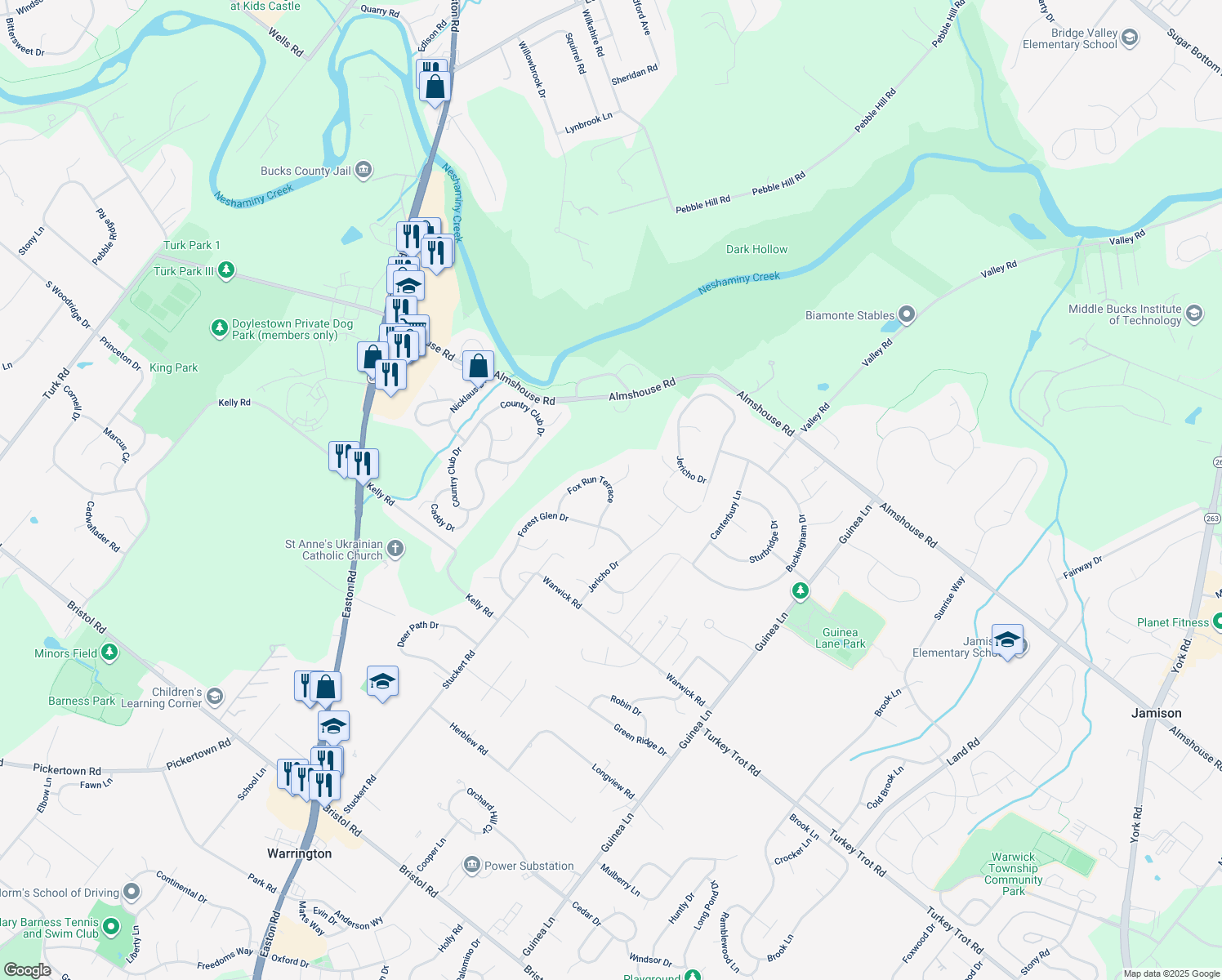 map of restaurants, bars, coffee shops, grocery stores, and more near 1853 Fox Run Terrace in Warrington