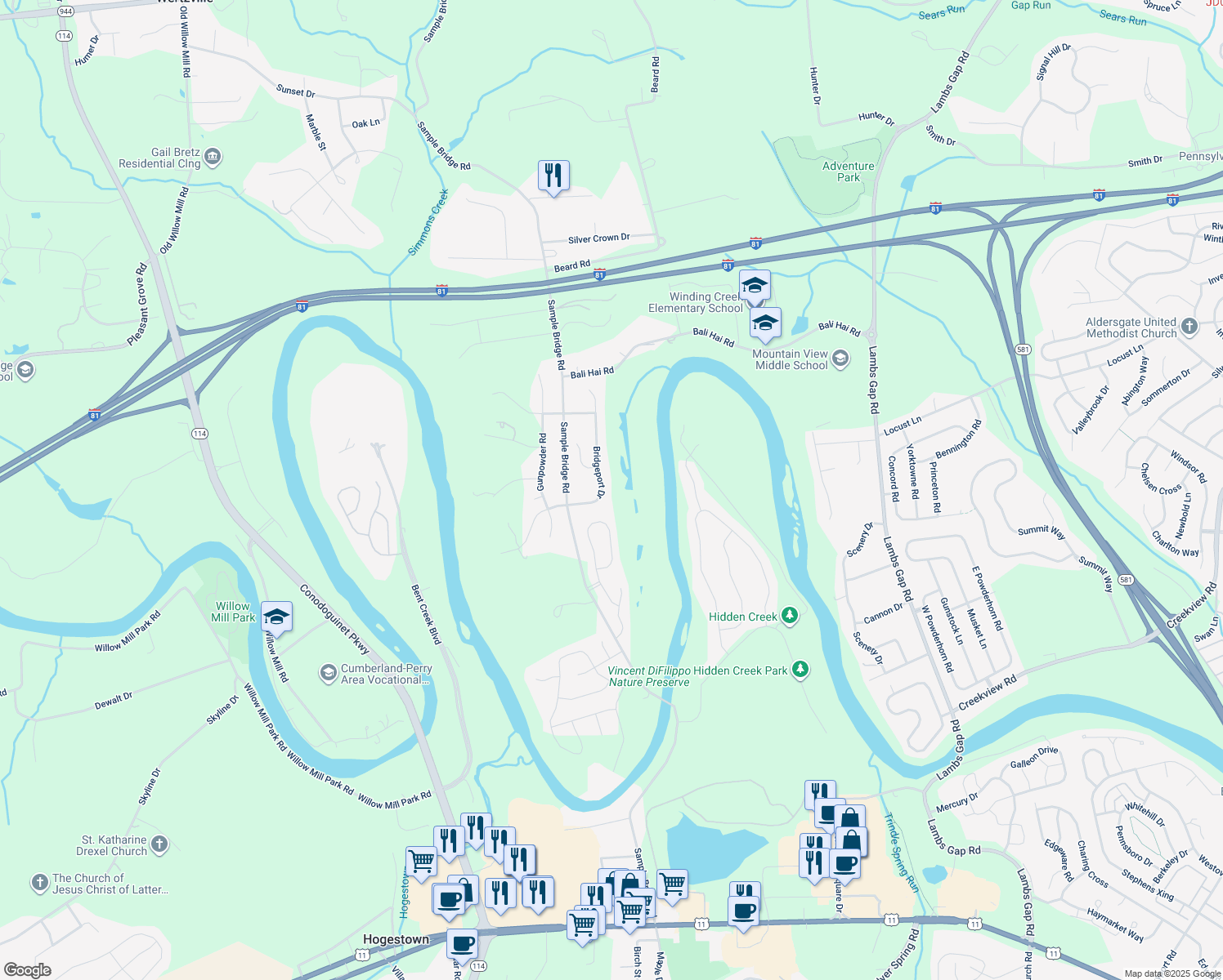 map of restaurants, bars, coffee shops, grocery stores, and more near 8 Bridgeport Drive in Mechanicsburg