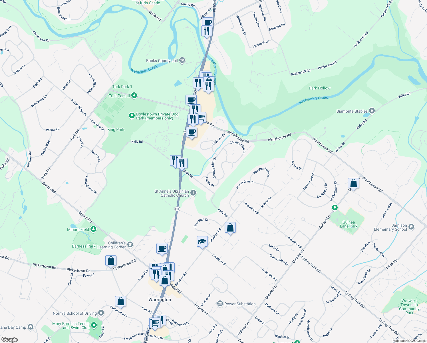 map of restaurants, bars, coffee shops, grocery stores, and more near 2063 Country Club Drive in Doylestown