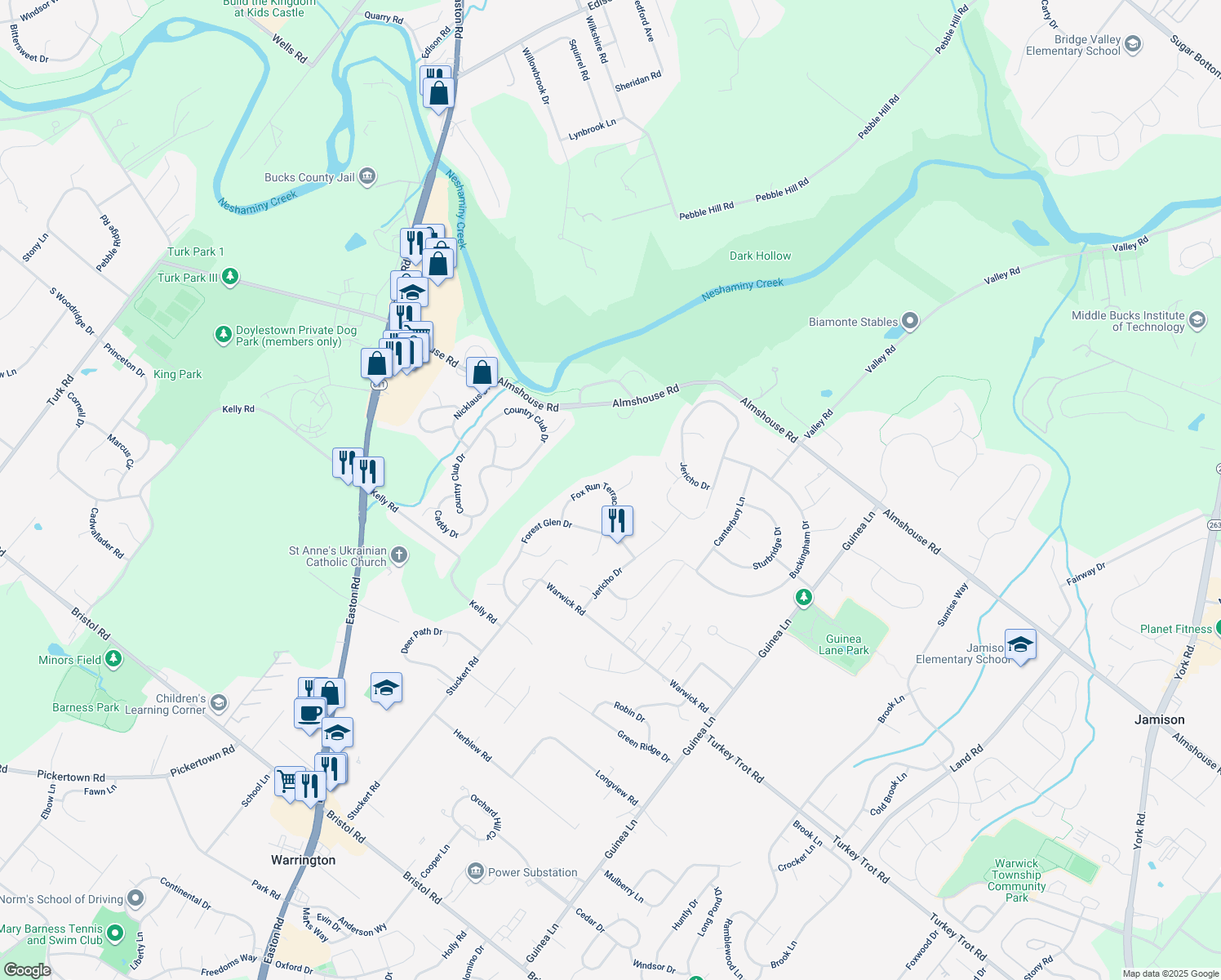 map of restaurants, bars, coffee shops, grocery stores, and more near 1847 Fox Run Terrace in Warrington
