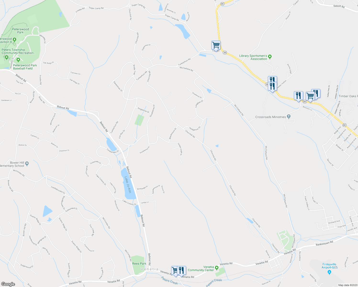 map of restaurants, bars, coffee shops, grocery stores, and more near 117 Golden Eagle Drive in Venetia