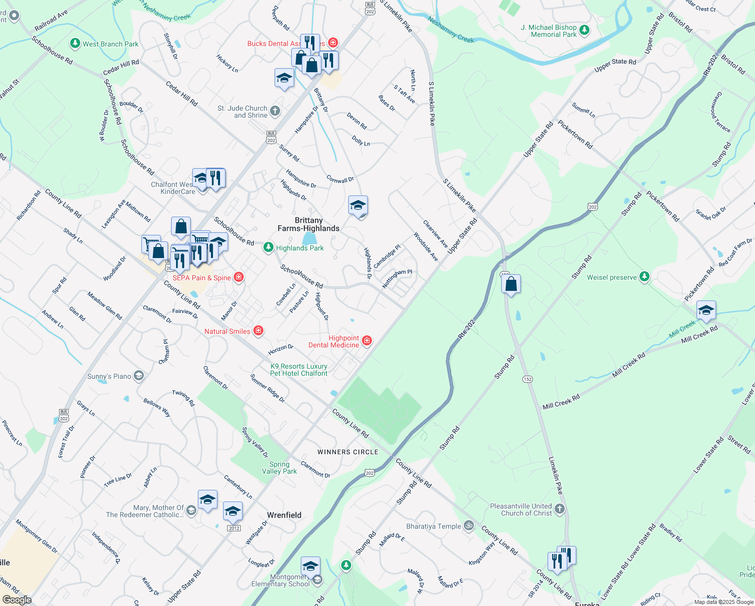 map of restaurants, bars, coffee shops, grocery stores, and more near 118 Suffield Court in Chalfont