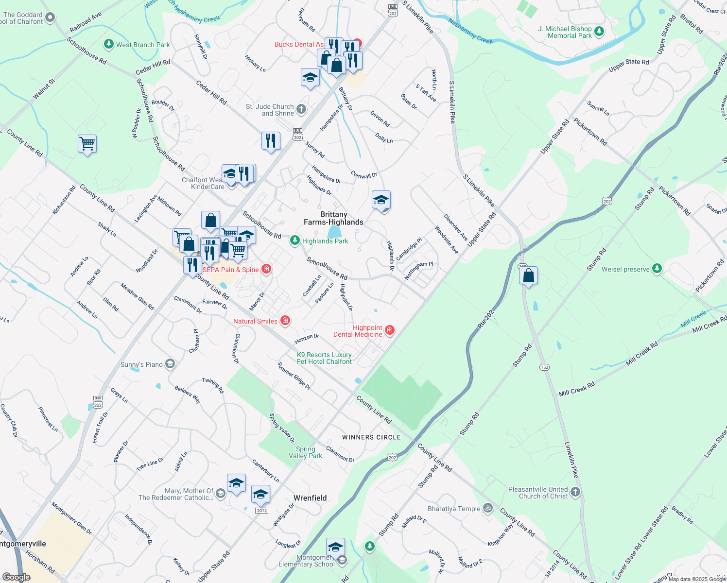 map of restaurants, bars, coffee shops, grocery stores, and more near 336 Glennbrook Way in Chalfont