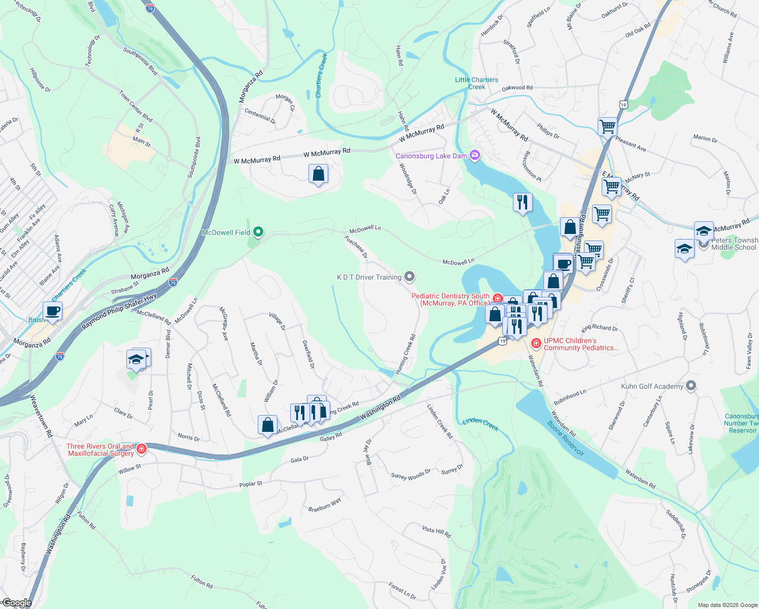 map of restaurants, bars, coffee shops, grocery stores, and more near 163 Foxchase Drive in Canonsburg