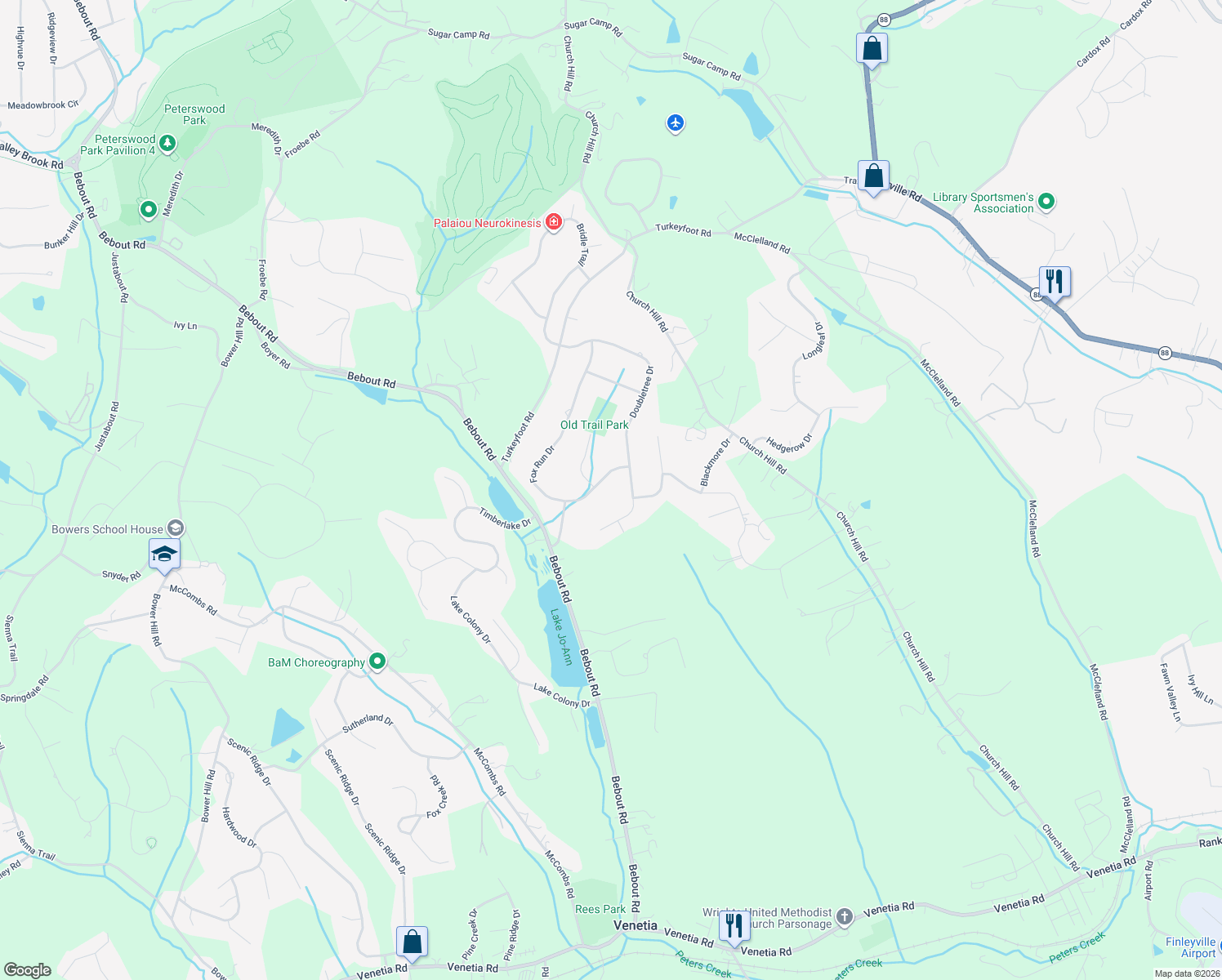 map of restaurants, bars, coffee shops, grocery stores, and more near 312 Fox Run Drive in Venetia
