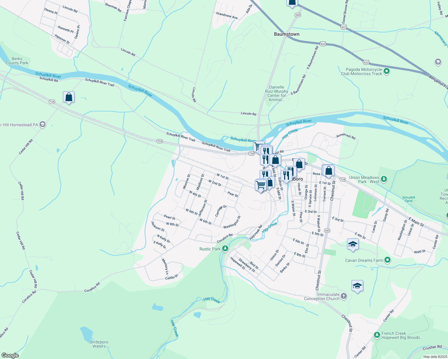 map of restaurants, bars, coffee shops, grocery stores, and more near 418 W 1st St in Birdsboro