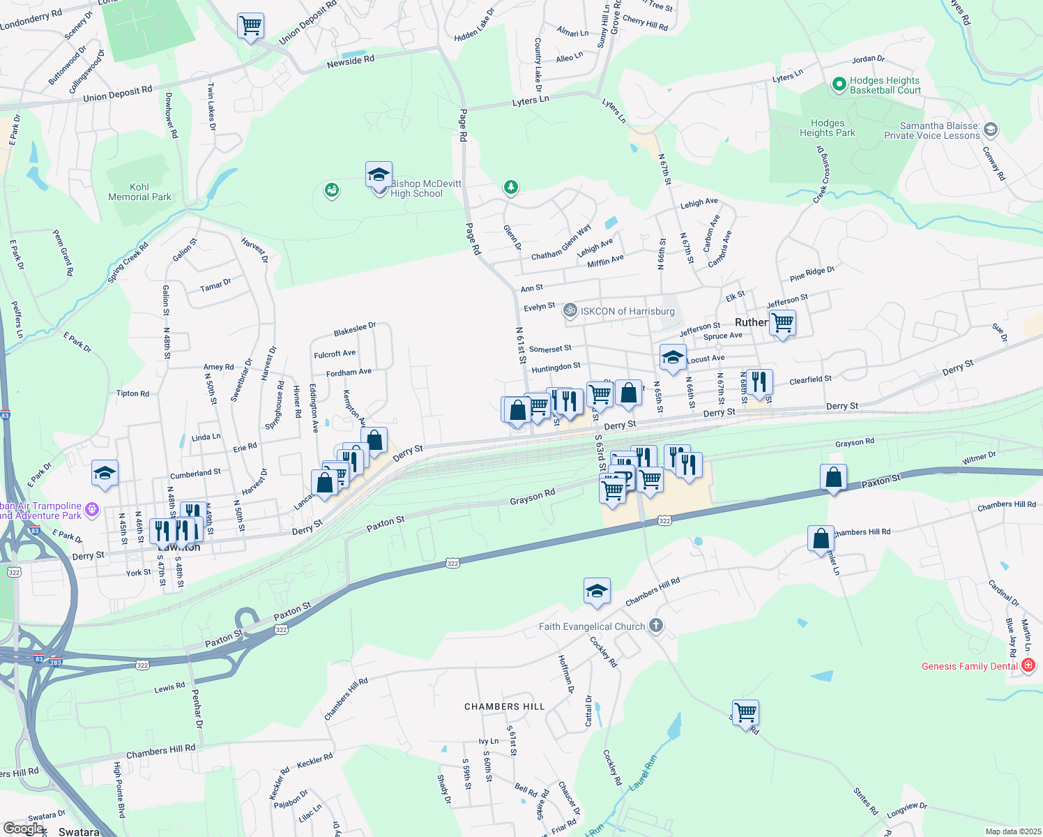 map of restaurants, bars, coffee shops, grocery stores, and more near 6059 Pinedale Court in Harrisburg