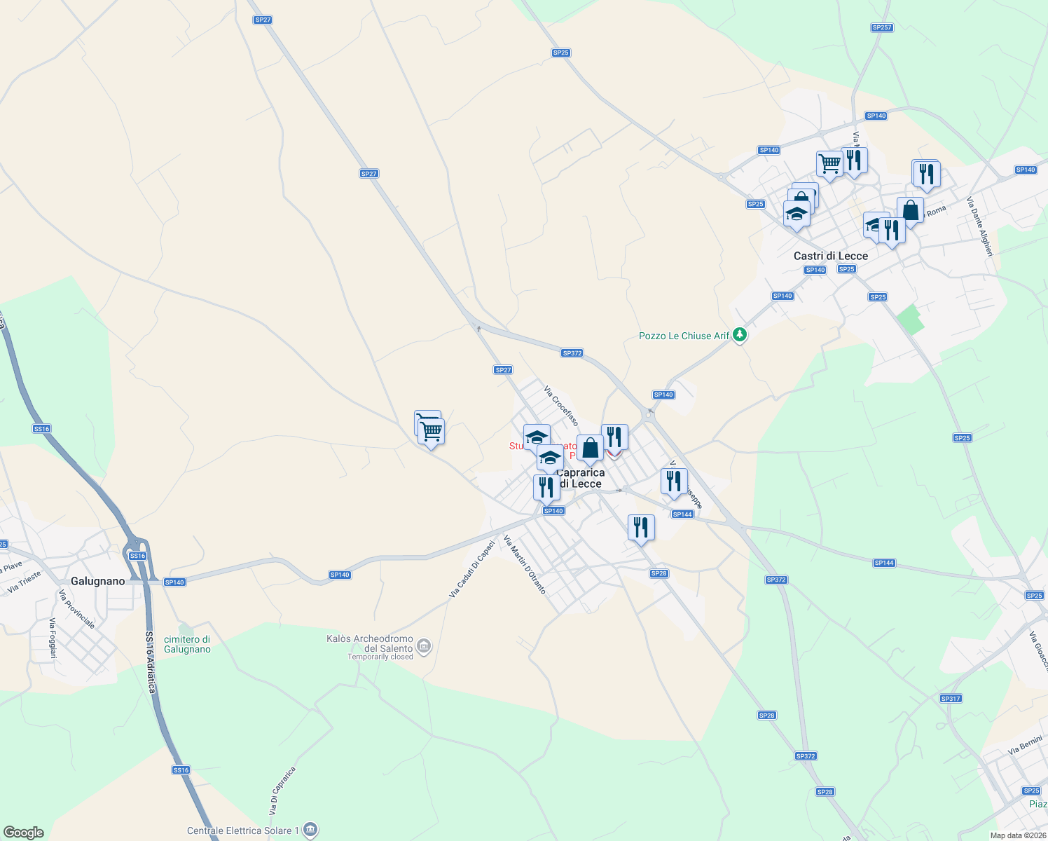 map of restaurants, bars, coffee shops, grocery stores, and more near 70 Via Milite Ignoto in Caprarica di Lecce