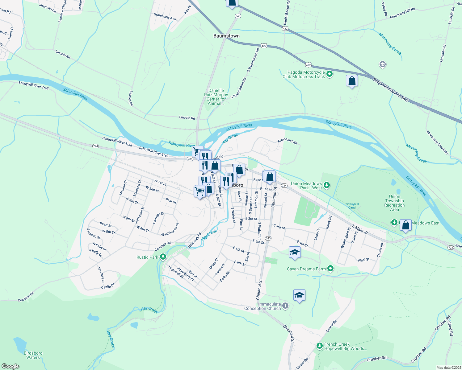 map of restaurants, bars, coffee shops, grocery stores, and more near 400 Beacon St in Birdsboro