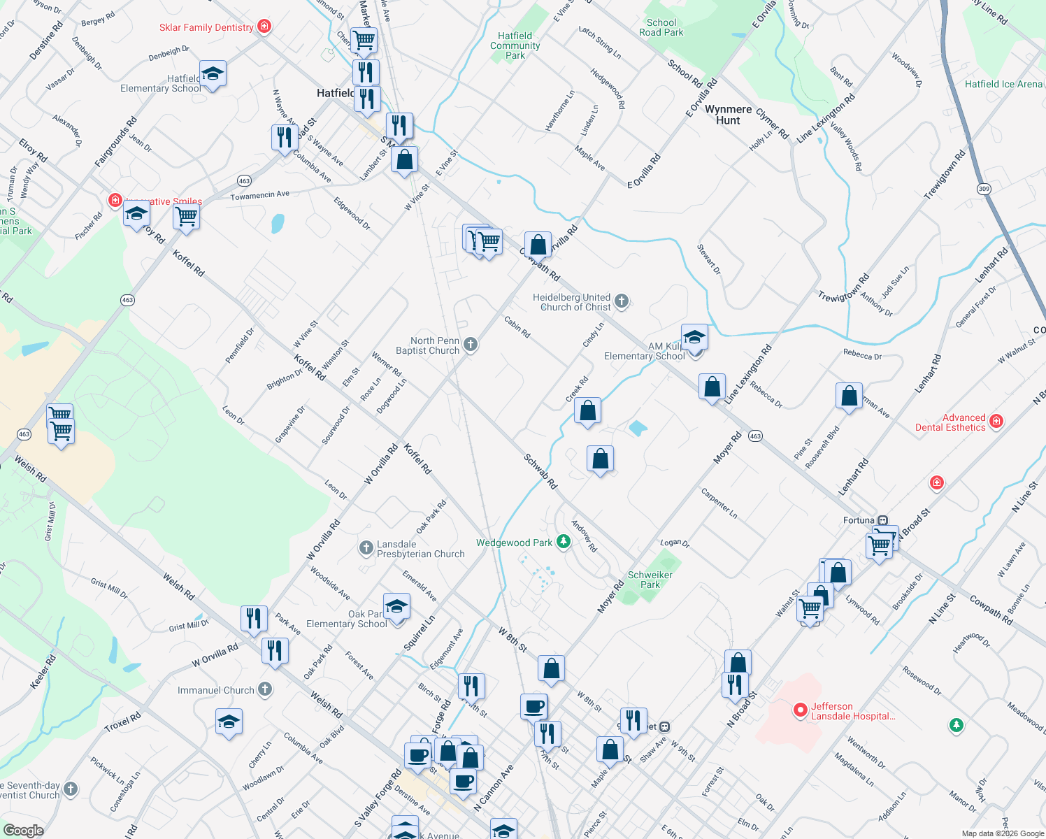 map of restaurants, bars, coffee shops, grocery stores, and more near 1734 Cindy Ln in Hatfield