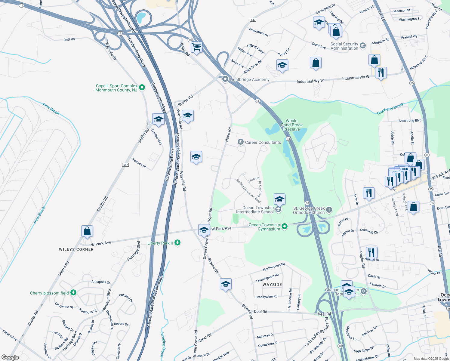 map of restaurants, bars, coffee shops, grocery stores, and more near 101 Rolling Meadows Boulevard South in Ocean Township
