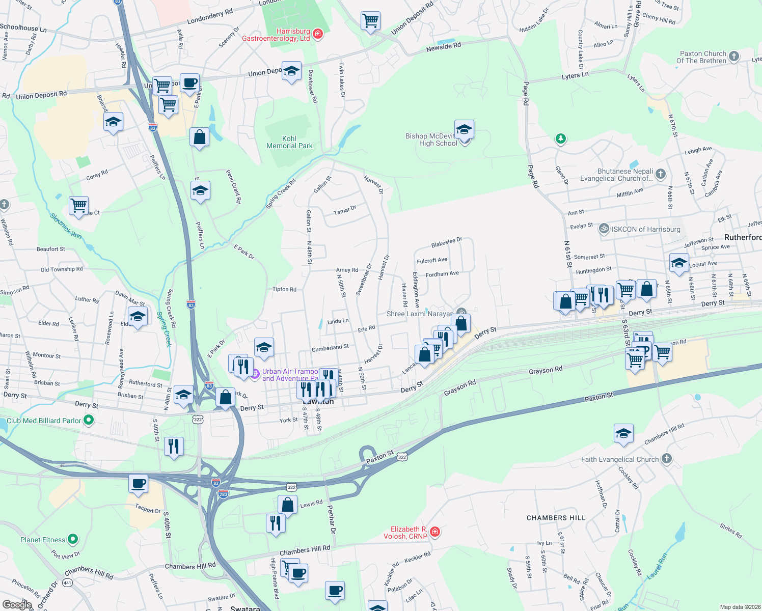 map of restaurants, bars, coffee shops, grocery stores, and more near 385 Harvest Dr in Harrisburg
