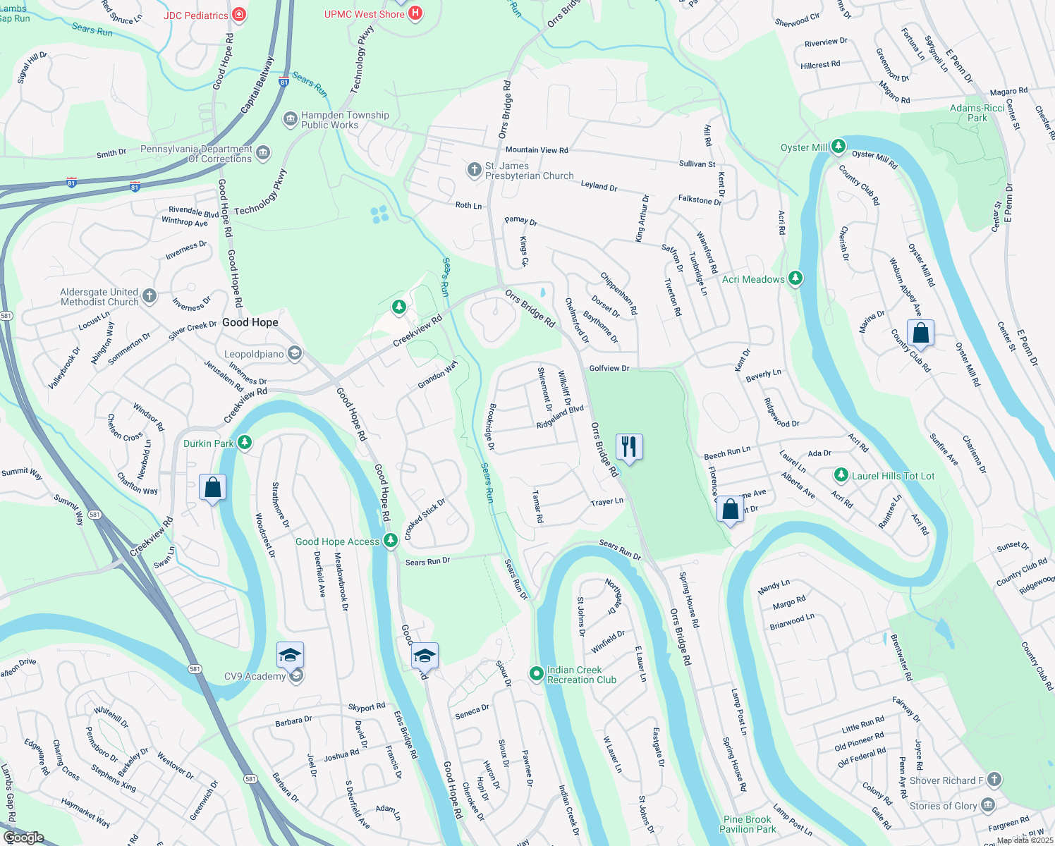 map of restaurants, bars, coffee shops, grocery stores, and more near 3917 Ridgeland Blvd in Mechanicsburg