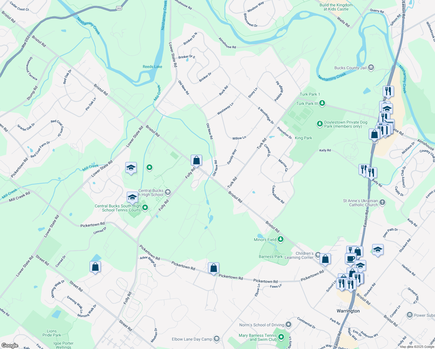 map of restaurants, bars, coffee shops, grocery stores, and more near 15 Old New Road in Warrington