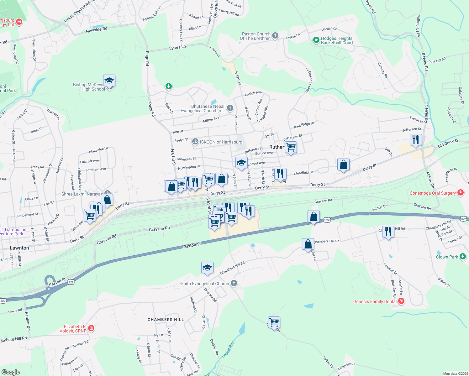 map of restaurants, bars, coffee shops, grocery stores, and more near 6490 Derry St in Harrisburg