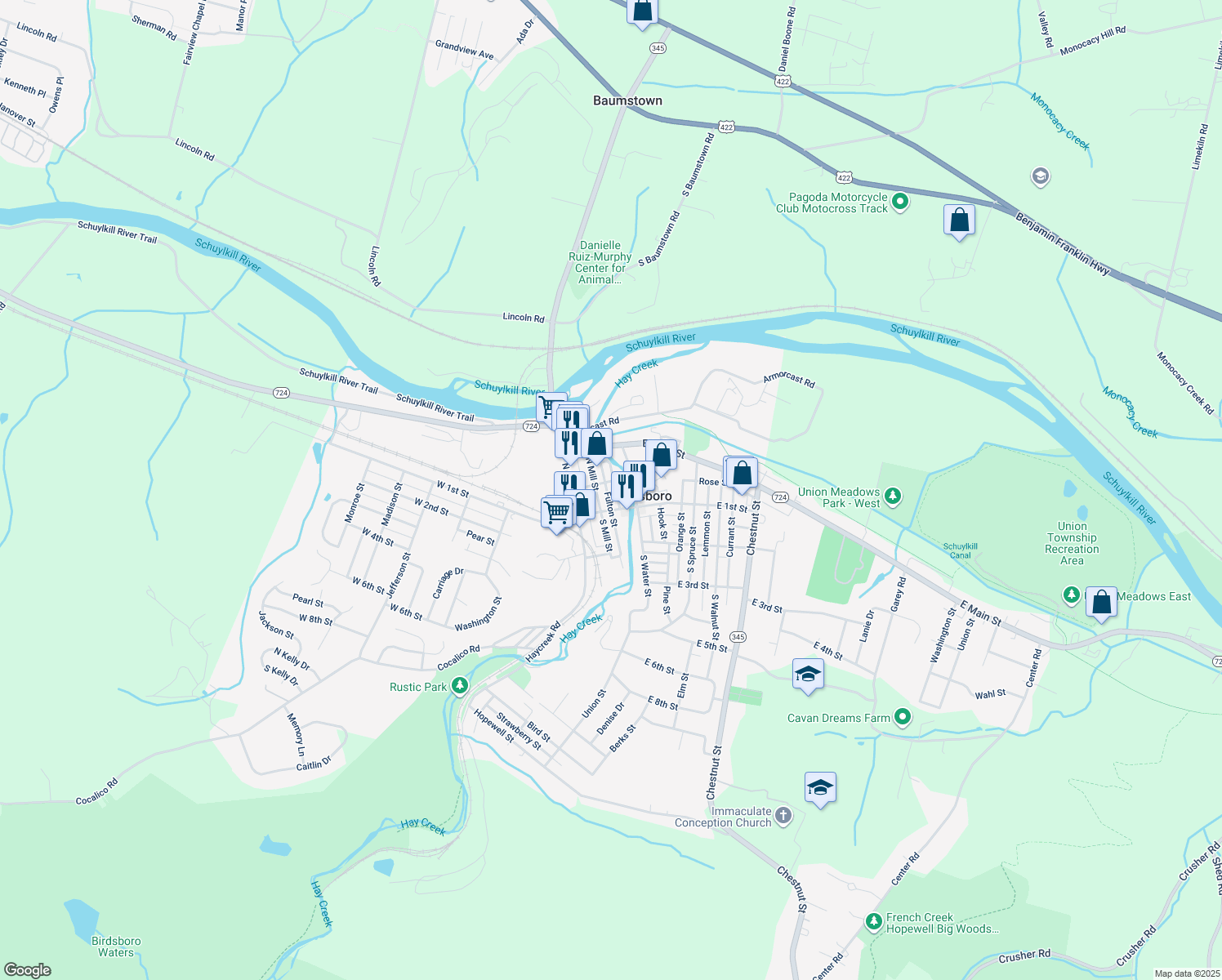 map of restaurants, bars, coffee shops, grocery stores, and more near 130 Cinder St in Birdsboro