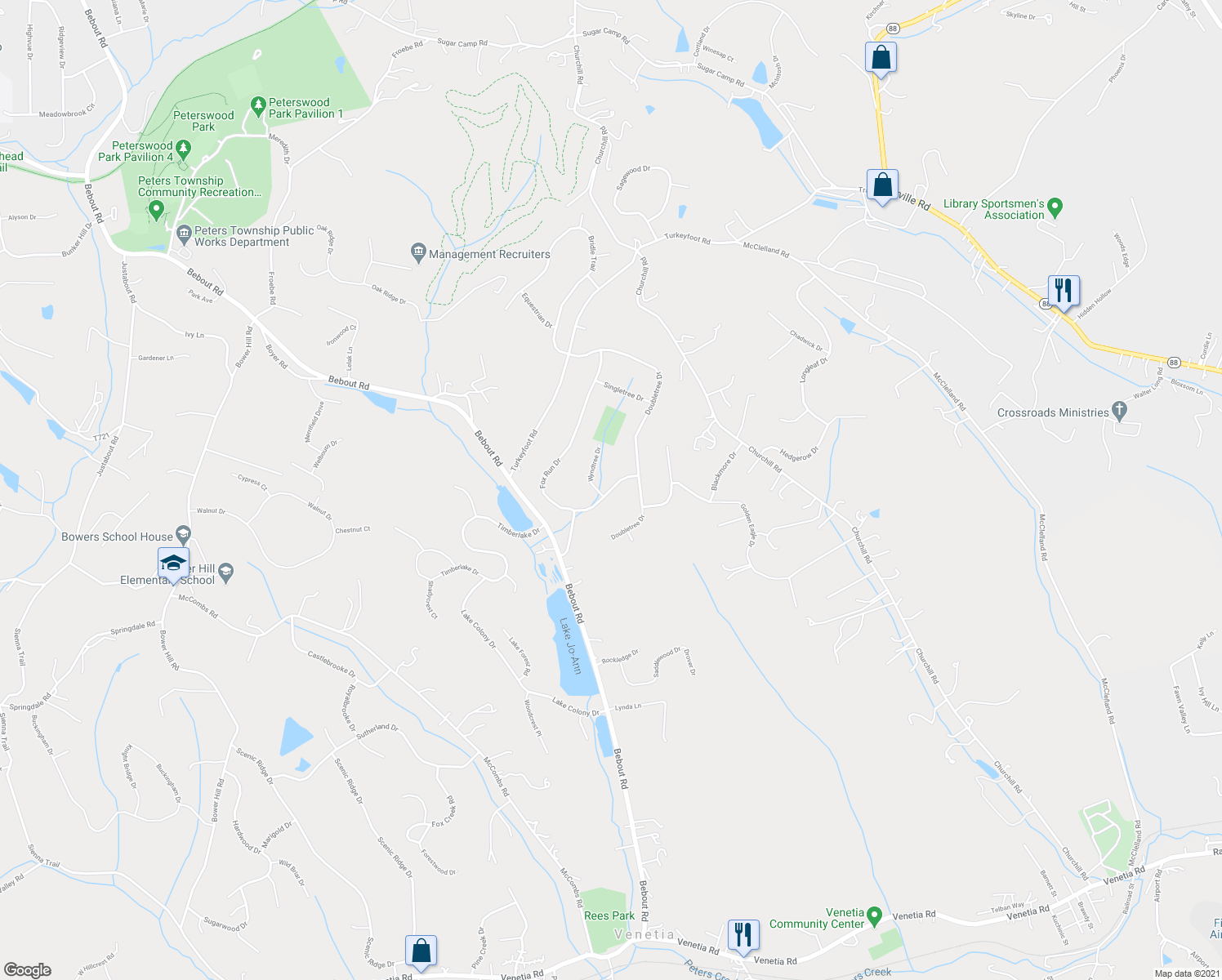 map of restaurants, bars, coffee shops, grocery stores, and more near 312 Fox Run Drive in Venetia