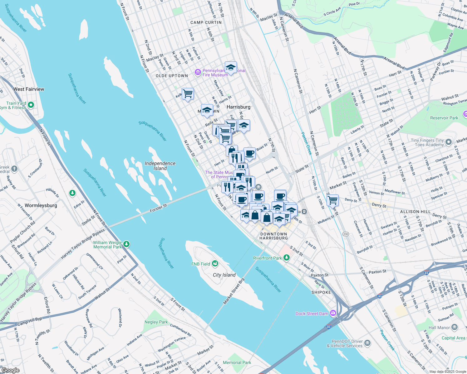 map of restaurants, bars, coffee shops, grocery stores, and more near 708 Green St in Harrisburg