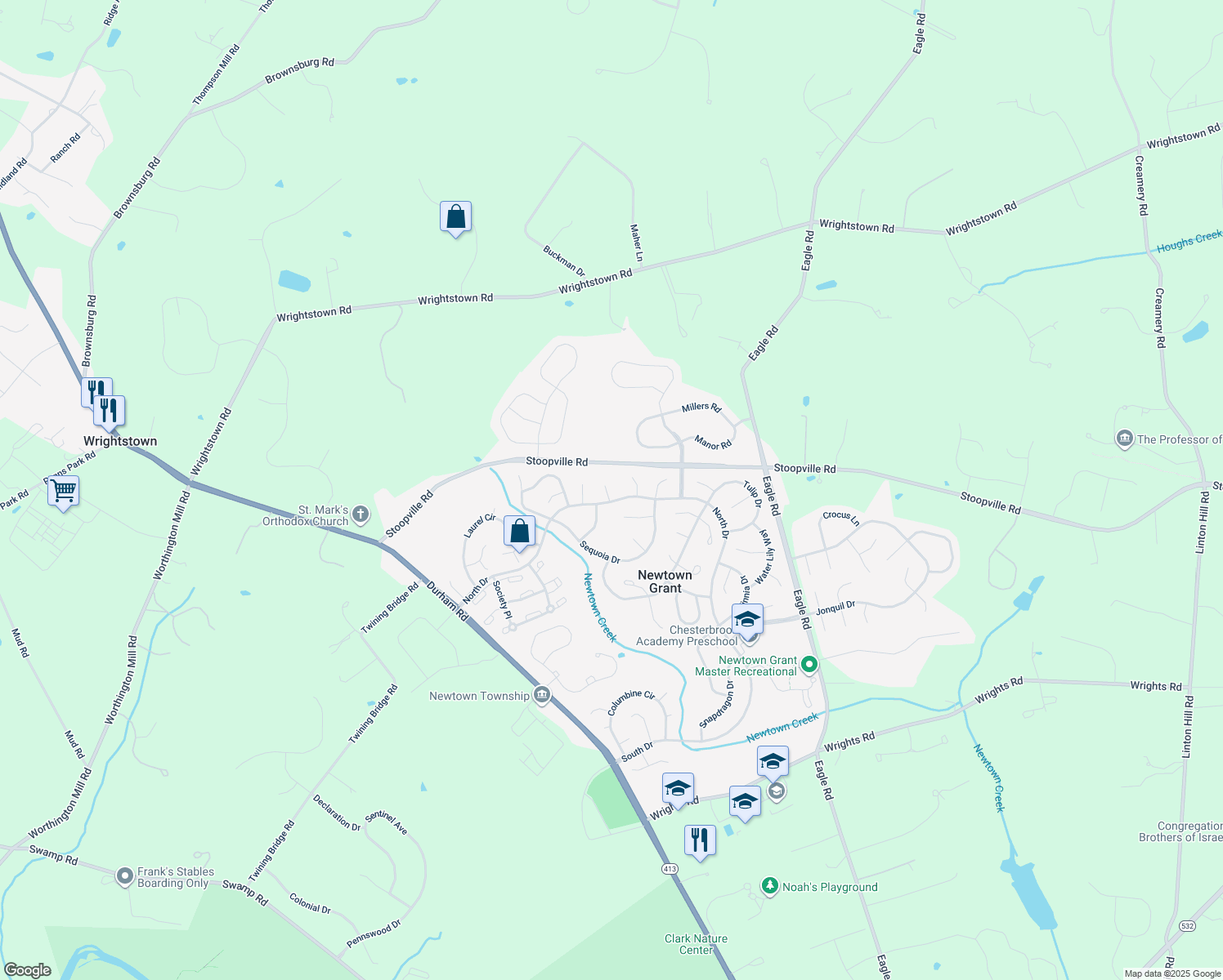 map of restaurants, bars, coffee shops, grocery stores, and more near 41 Birch Court in Newtown